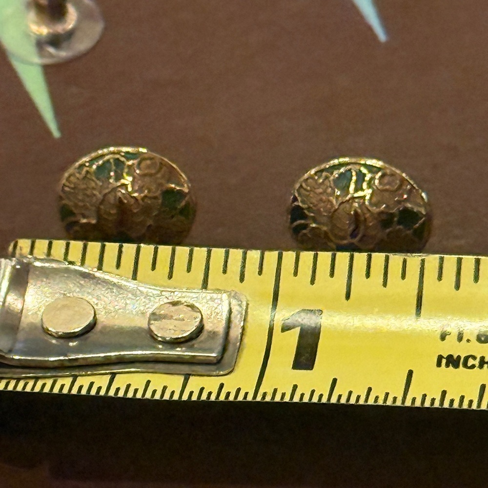 Vintage Enamel Cloisonné Gold, Pink, and Green Floral Post Earrings - Picture 4 of 4